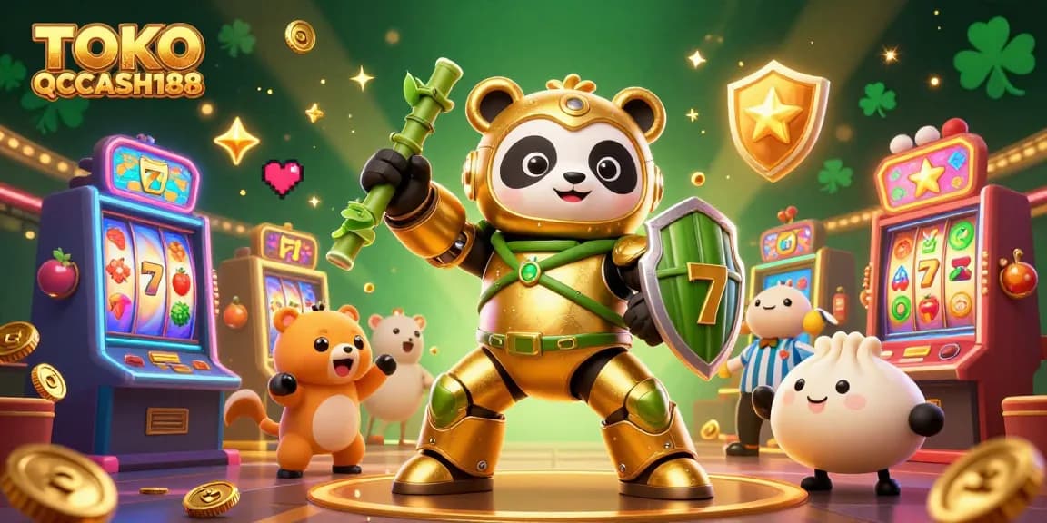 TOKO QQCASH188 showcases exciting slot machines and a golden panda character in a lively gaming arena.