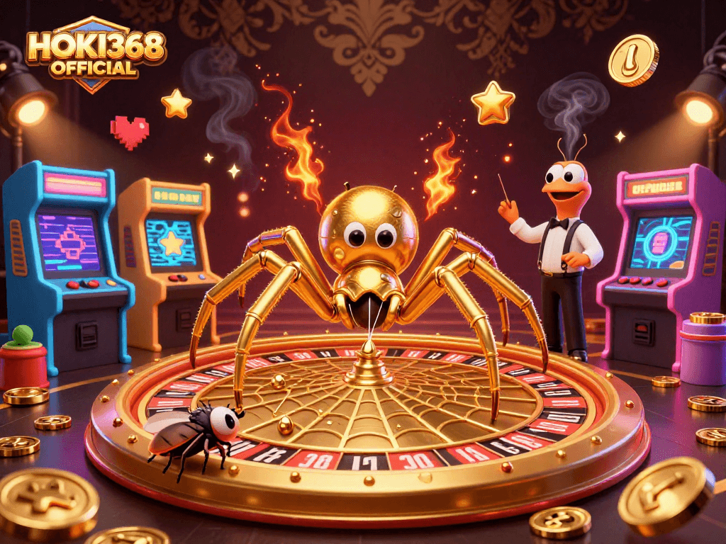 Engage with HOKI368 OFFICIAL as a golden spider spins a roulette wheel web amidst colorful gaming elements.