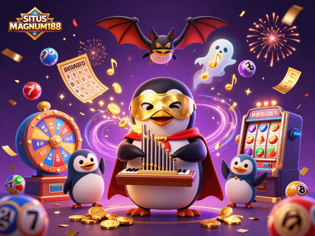 SITUS MAGNUM188 offers thrilling slot games with a cartoon phantom penguin playing his organ amidst golden coins and lottery elements.