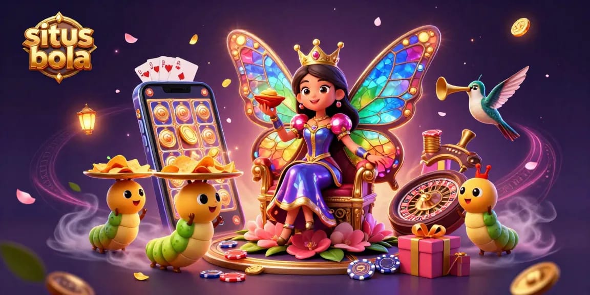 Engage with situs bola in this vibrant scene featuring a colorful butterfly queen, chips, and casino elements.