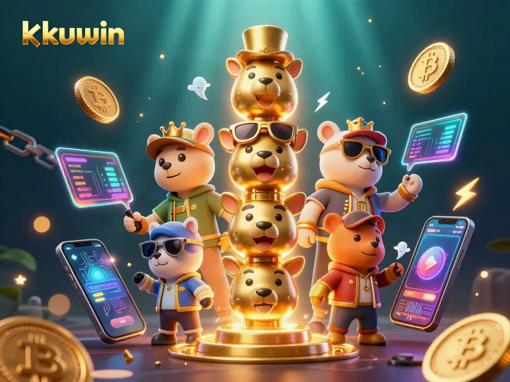 Kuwin players engage with vibrant casino themes and crypto elements in a dynamic illustration.