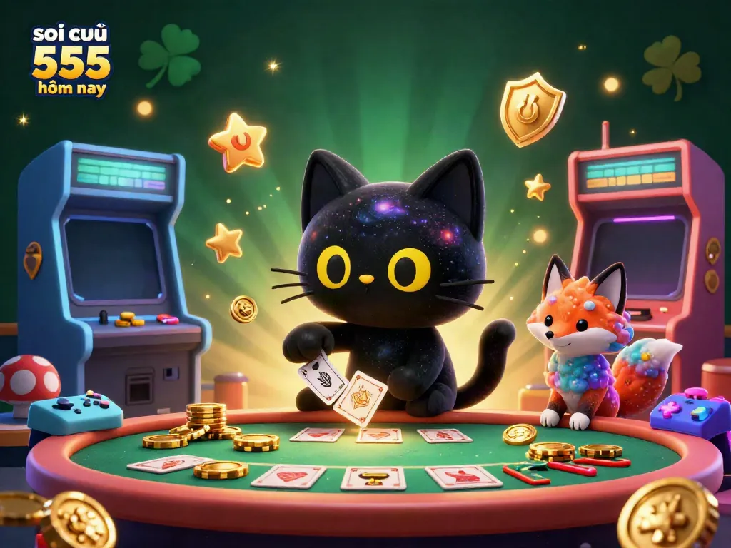 Soi cầu 555 hôm nay highlights a cosmic casino scene with a black hole cat and nebula fox amid vibrant gaming elements.