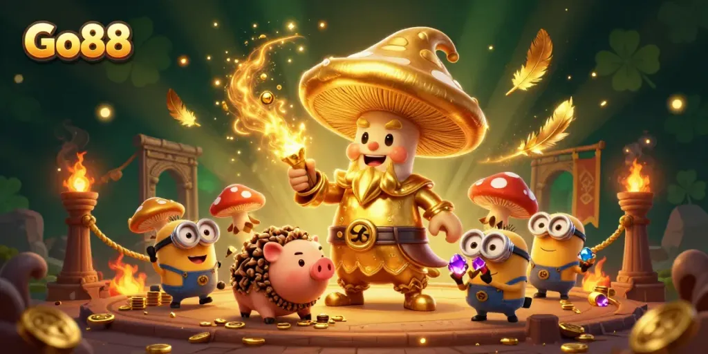 Engage with Go88's thrilling casino magic featuring a wizard and treasure seekers in an animated scene.