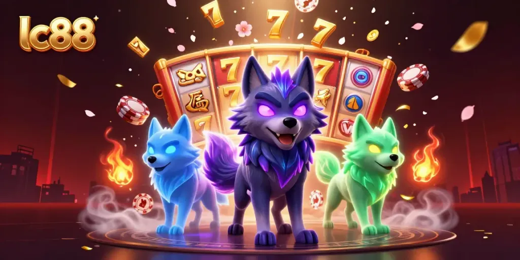 Spin the slots at lc88 with flaming wolves and vibrant casino elements in a magical scene.