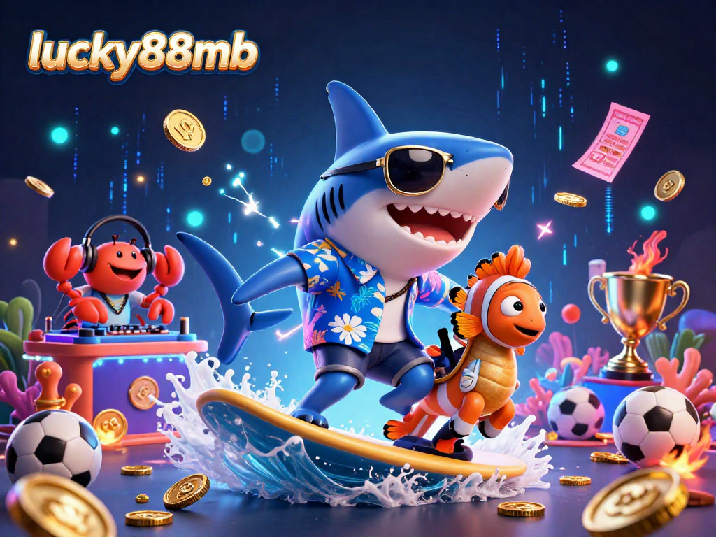 Experience winning at lucky88mb with a vibrant 3D casino scene featuring a shark, seahorse, and DJ.