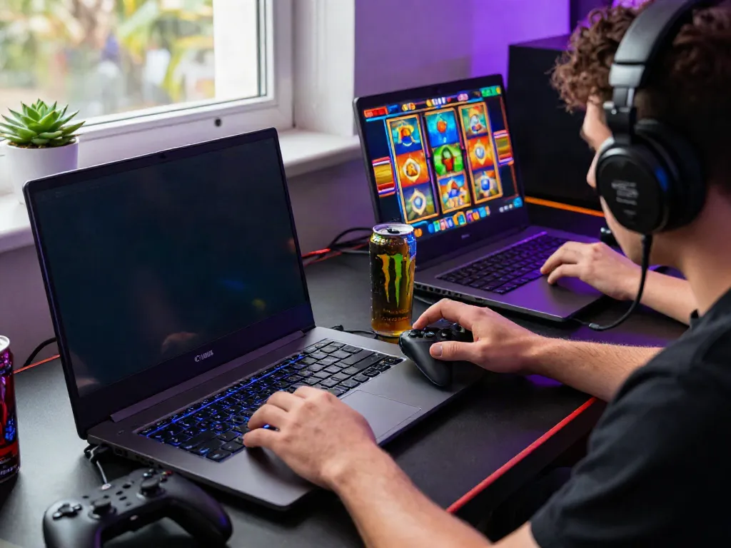 Exciting gaming scene showing a user playing slot88 on a laptop with colorful graphics and gaming accessories.