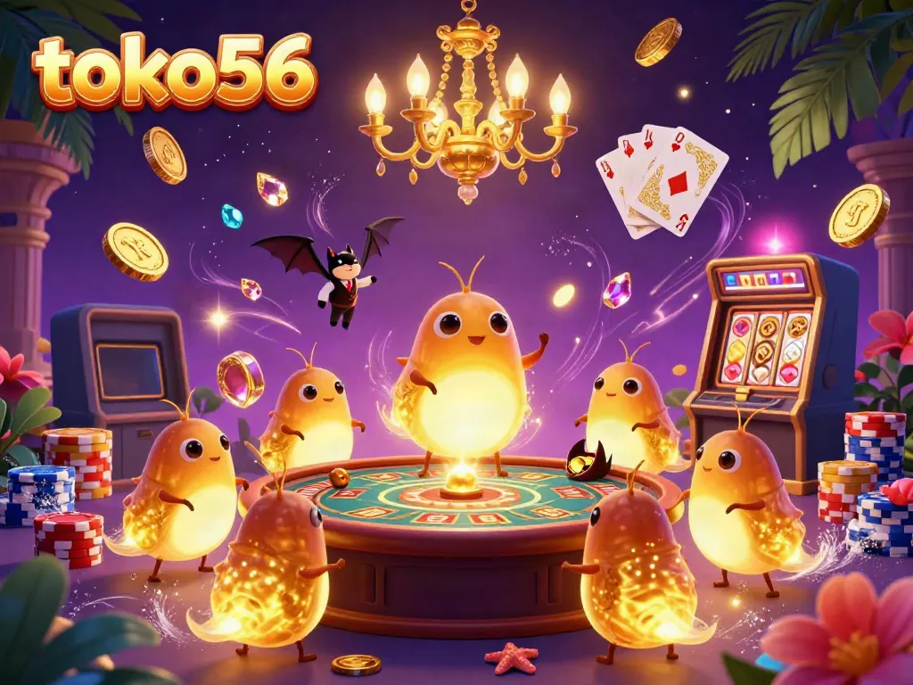 Experience the excitement at toko56 with a vibrant casino scene illuminated by glowing glowworms, featuring roulette and poker action.