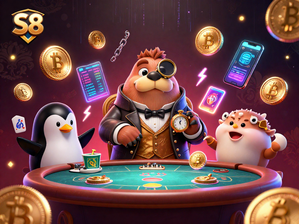 Engage with S8's vibrant underwater poker scene featuring immersive 3D characters and crypto elements.