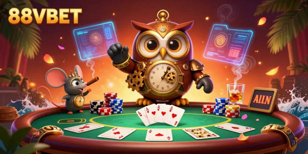 Experience thrilling gaming at 88VBET with a captivating steampunk owl in a vibrant casino setting.