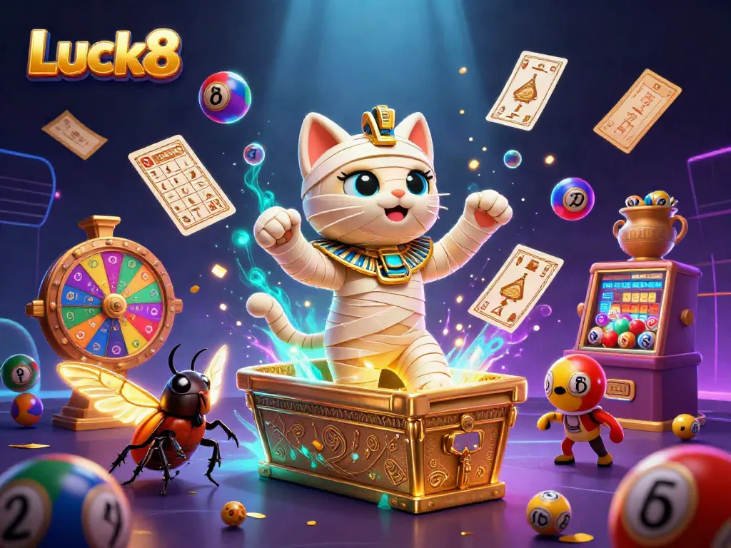 Experience thrilling casino action with Luck8 featuring a cartoon Egyptian mummy cat and a scarab beetle in a dynamic gaming scene.