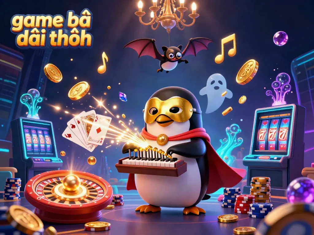 Experience exciting game bài đổi thưởng with a penguin organist amidst dazzling coins and lights.