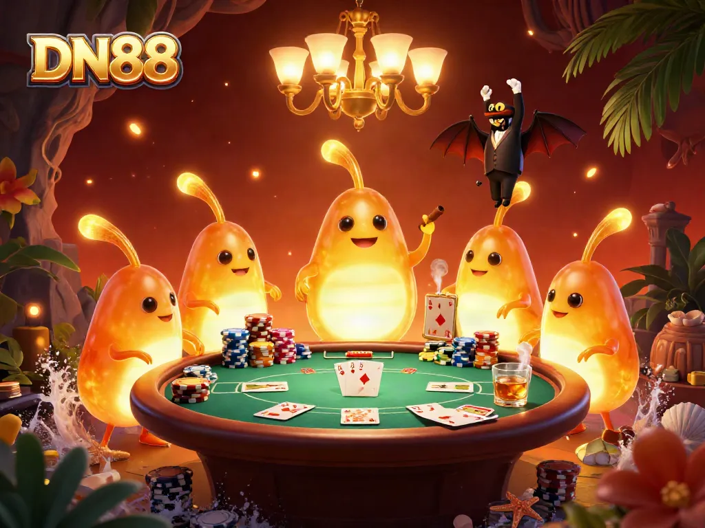 Experience the thrilling ambiance of DN88 casino with vibrant glowworms lighting up the game tables and casino elements.