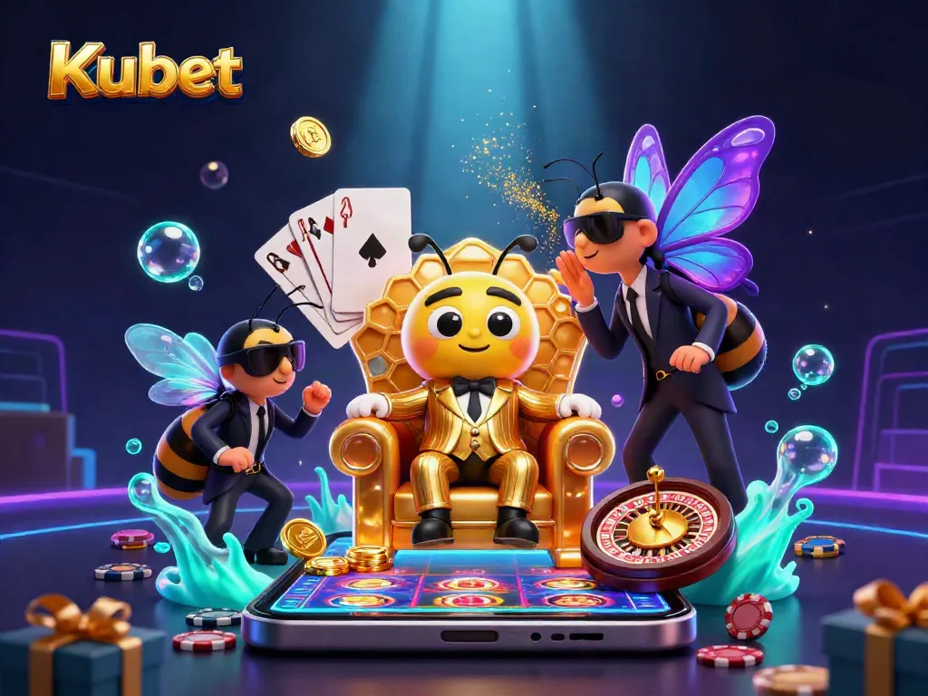 Kubet showcases a vibrant 3D scene with a bumblebee mob boss amidst dynamic casino elements.