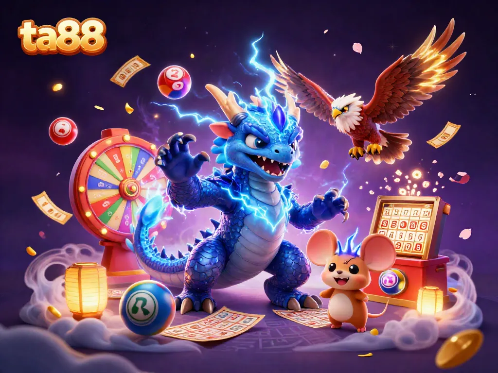 Experience exhilarating gameplay at ta88 with a dynamic scene featuring cartoon dragon, hawk, and mascot among vibrant lottery elements.