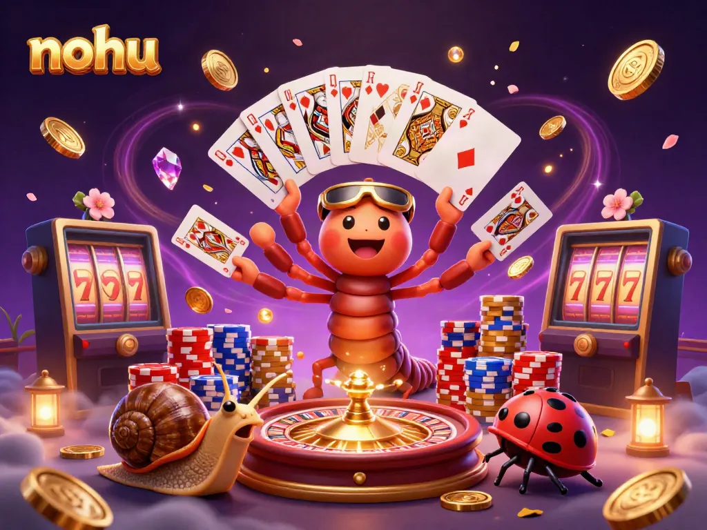 Nohu players engage in vibrant slot spins, featuring a whimsical millipede dealer and animated game elements.