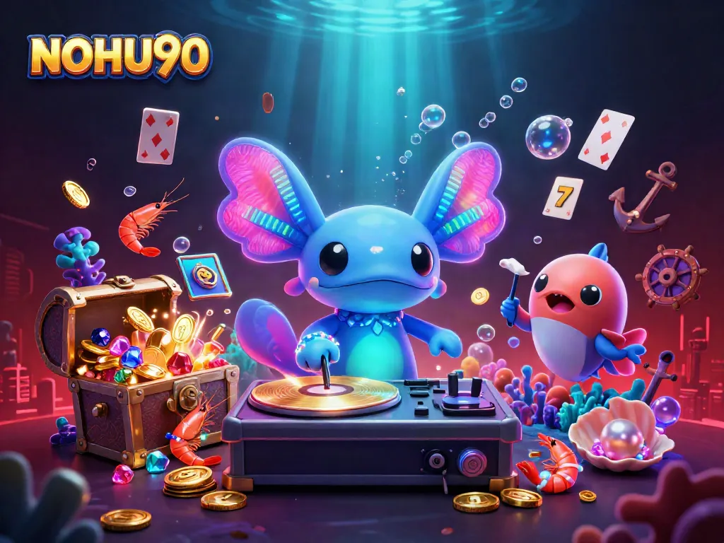 Check out NOHU90's vibrant underwater casino scene featuring neon characters and exciting slot reels.
