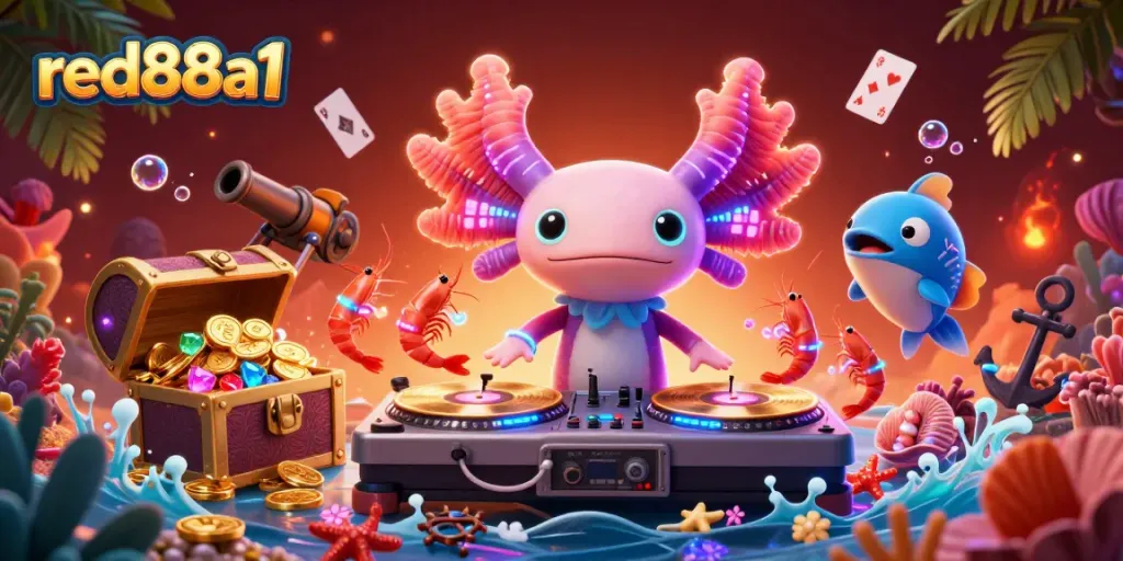 Experience the thrill of winning at red88a1 with a vibrant underwater casino scene featuring dynamic characters and game elements.