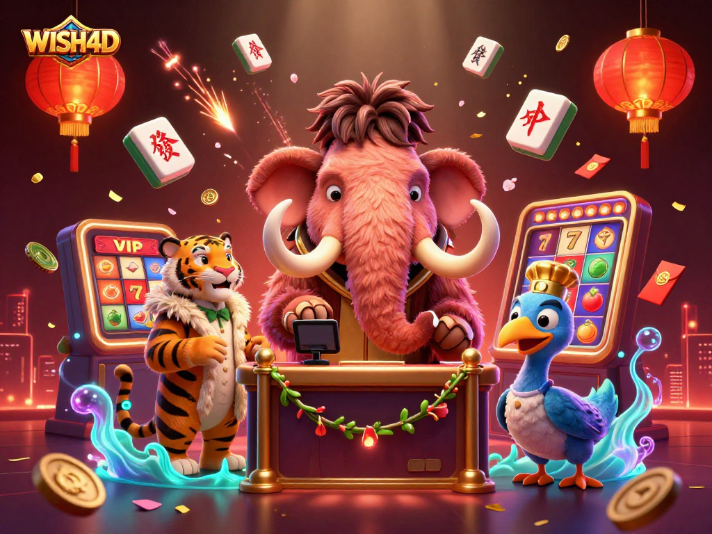 Engage with WISH4D's vibrant casino scene featuring a mammoth bouncer, saber-tooth VIP, and spinning slot reels.