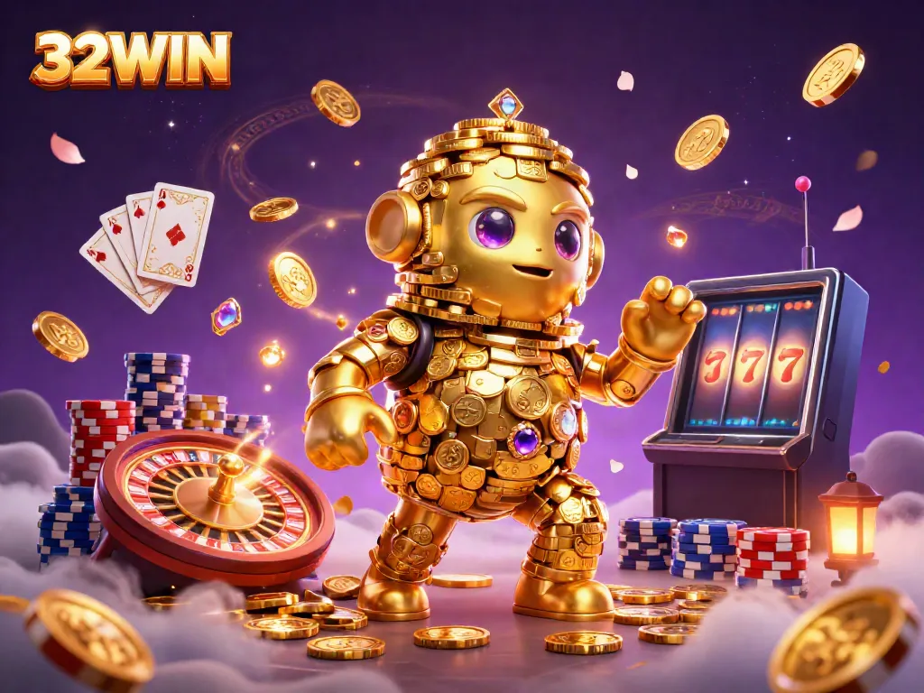 32WIN features a golden golem surrounded by casino elements and treasures, elevating the online gaming experience.
