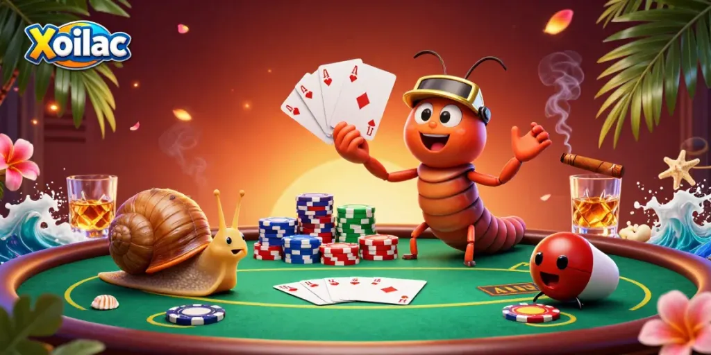 Xoilac offers an engaging gaming experience as a millipede dealer fans cards, alongside a snail pushing chips.