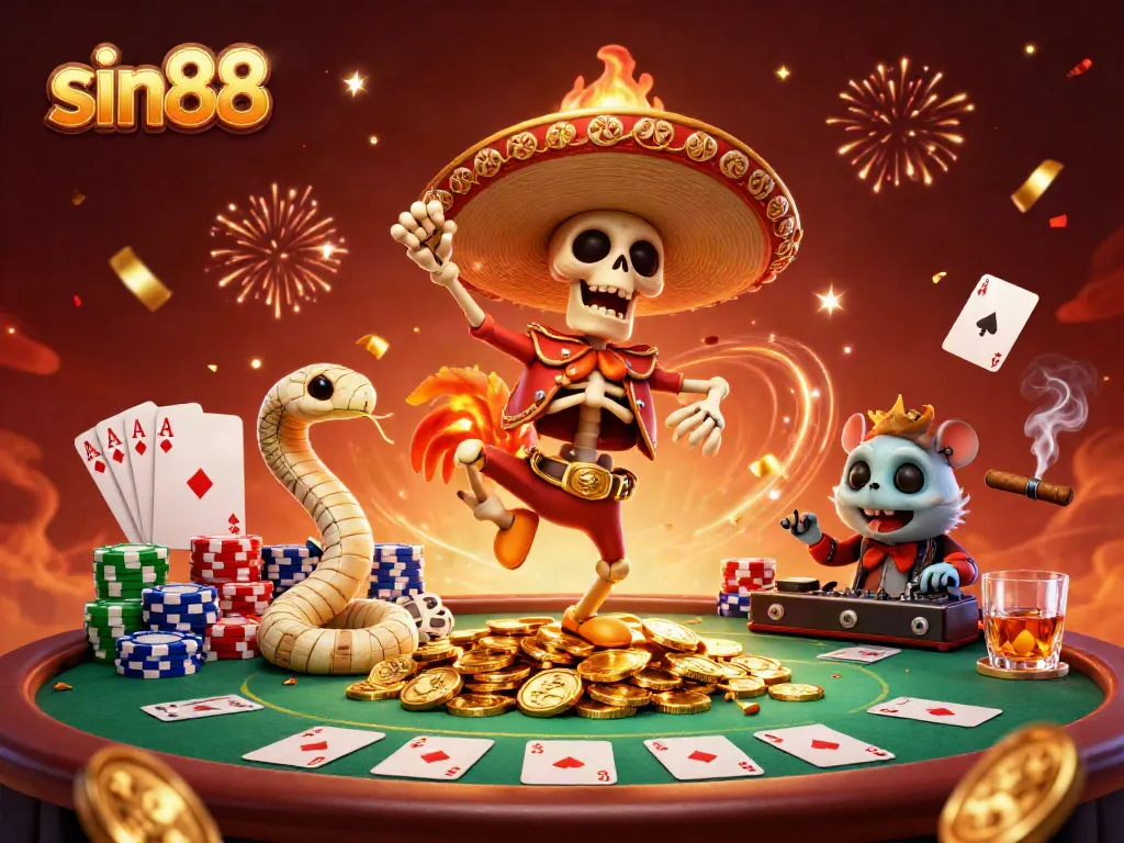 Experience thrilling victories at sin88 with a celebrating cartoon skeleton and vibrant casino elements.
