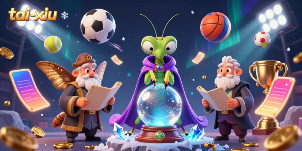 Experience the excitement of tai-xiu as mystical characters and gold coins embrace the thrill of gambling.