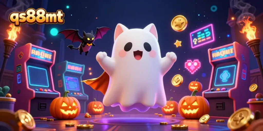 Experience thrilling gaming with qs88mt's friendly ghost cat and vampire bat in this dynamic casino scene.