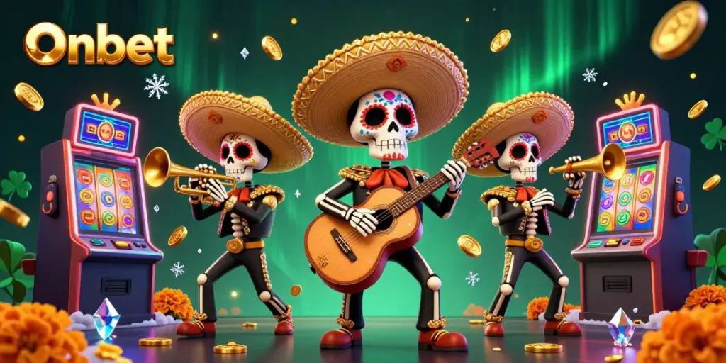 Engage with Onbet on an exciting casino journey featuring vibrant skeleton mariachi band and slot game elements.