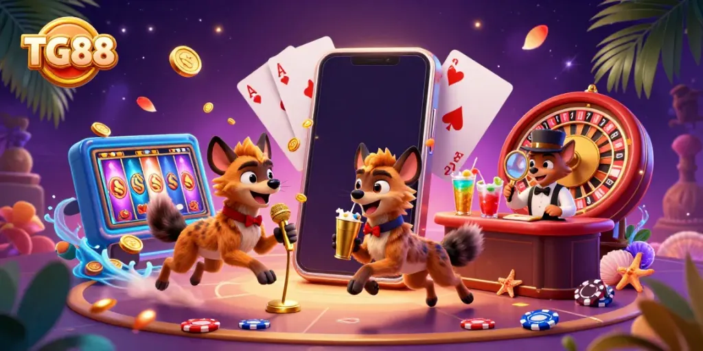 Experience the excitement of TG88 casino with hyenas blending comedy and bartending in a lively 3D atmosphere.