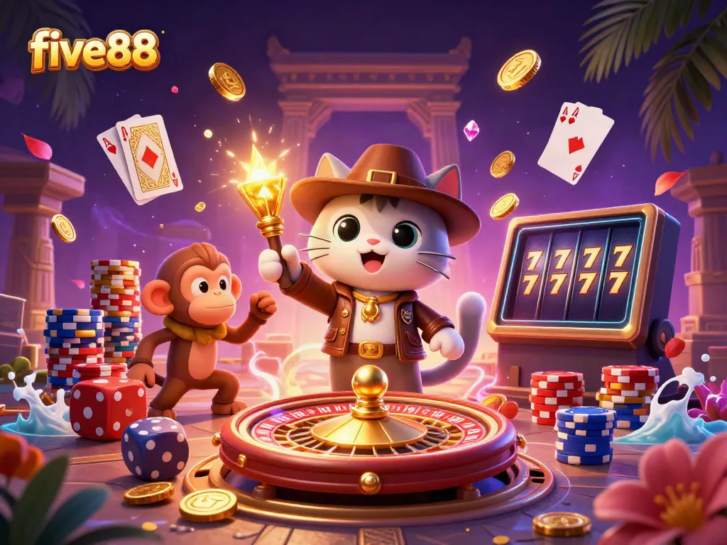 Engage with five88 as a cat archaeologist uncovers a golden casino artifact surrounded by vibrant treasures.