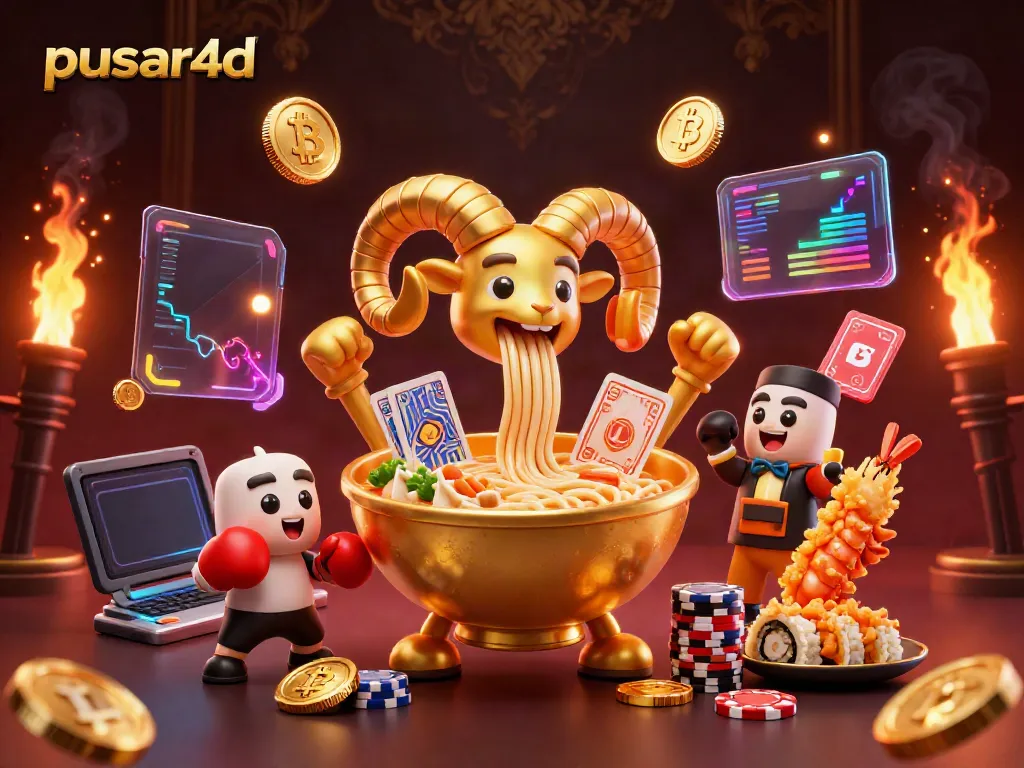 Engage with pusar4d illustrated by a vibrant 3D scene featuring casino characters and crypto elements.