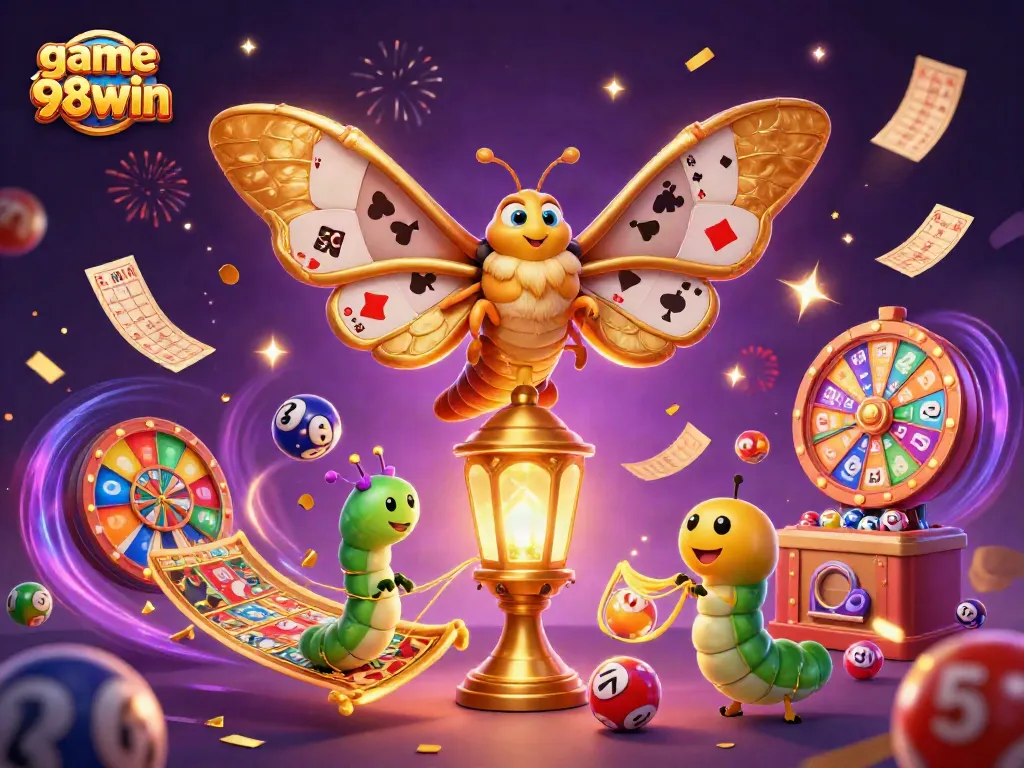 Play casino games dynamically with game 98win in a vibrant 3D illustration filled with excitement.