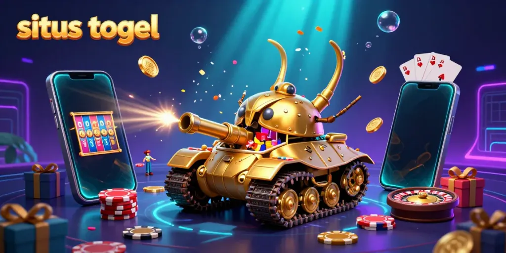 Engage with situs togel in this dynamic casino scene featuring a golden beetle tank and slot game elements.