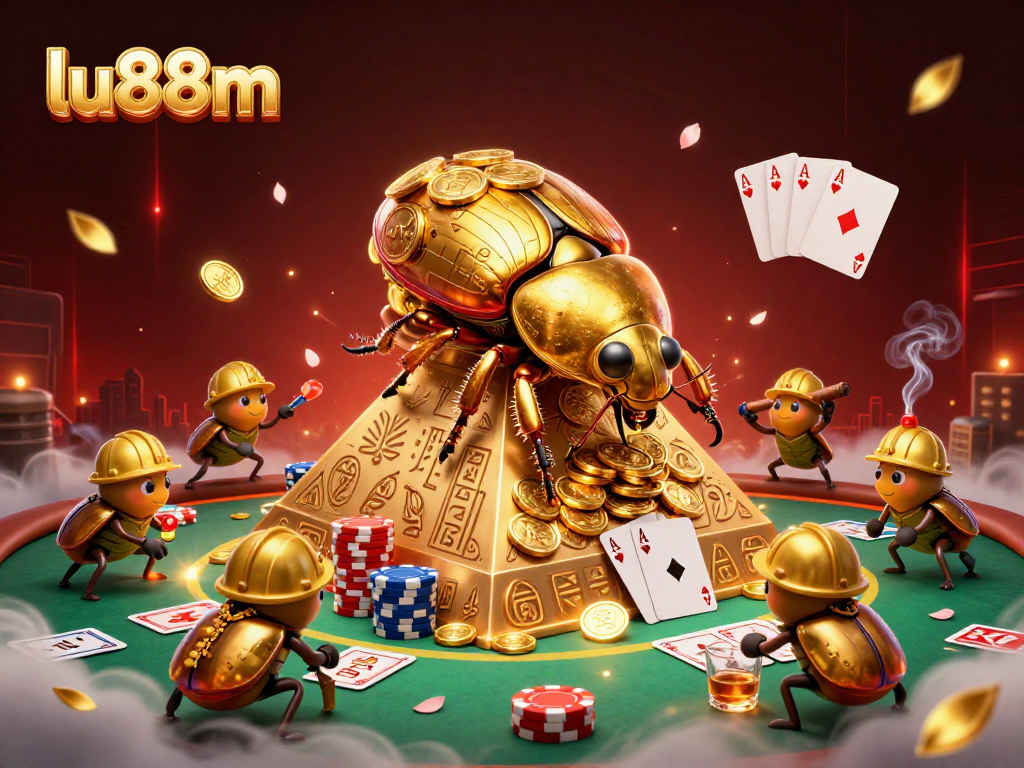 Join the excitement at lu88m with 3D beetles engulfed in a casino scene rolling coins and poker elements.