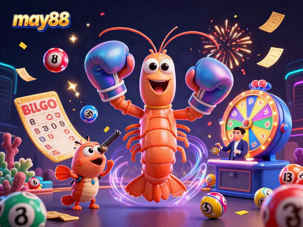 Engage with may88's vibrant 3D casino scene featuring lively characters and dynamic gaming elements.
