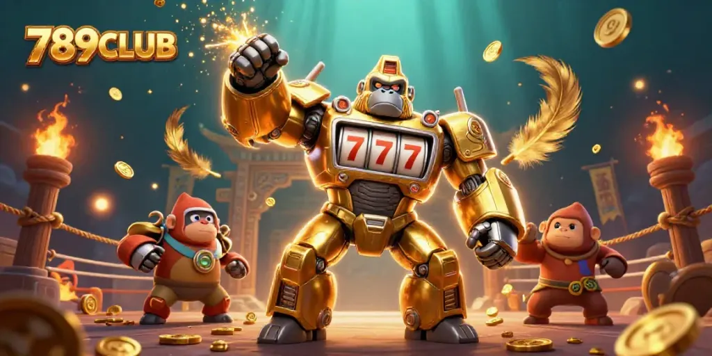 Engage with 789CLUB in an exciting 3D illustration featuring a golden gorilla mech, slot machine elements, and vibrant casino symbols.