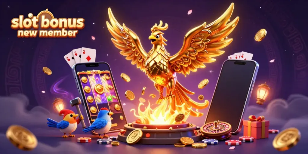 Experience the excitement of slot bonus new member with a vibrant 3D illustration showcasing golden phoenix and slot game elements.