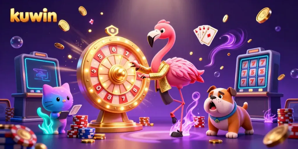 Experience the excitement of kuwin with a vibrant 3D illustration featuring casino games and animated characters.