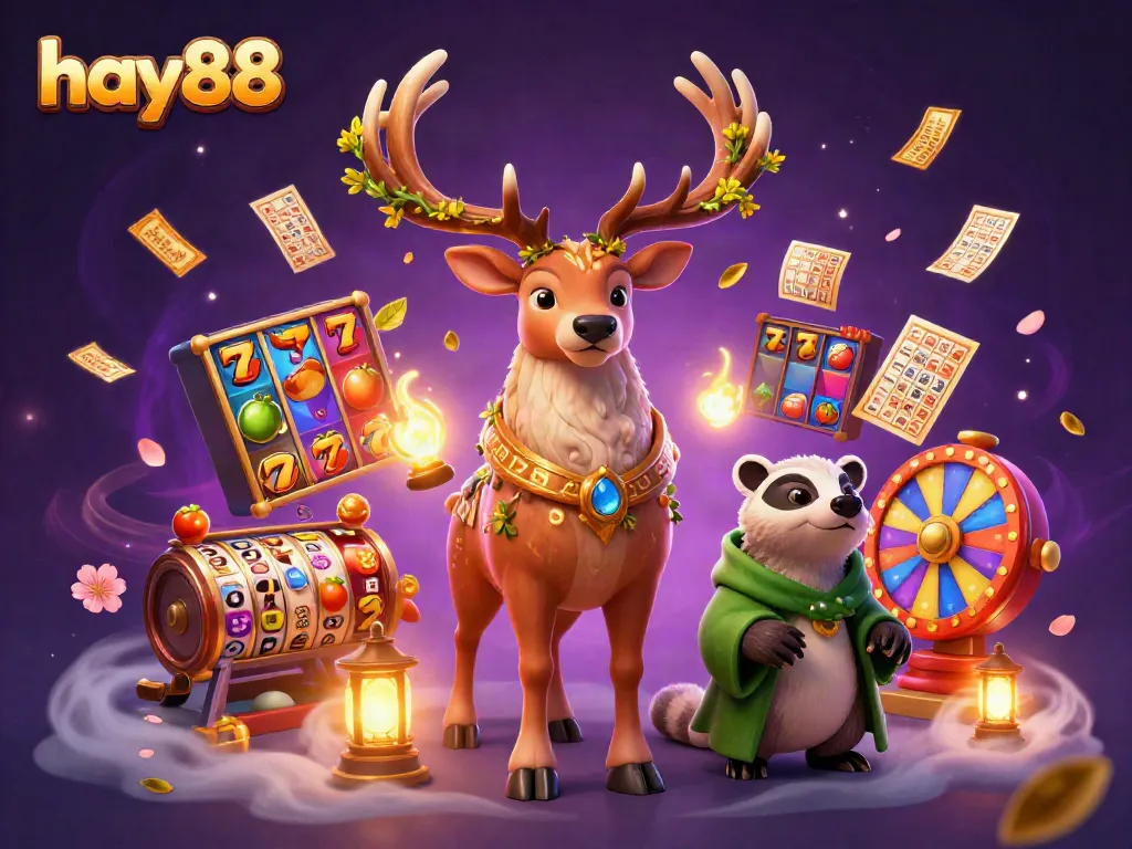 Experience the thrill of casino gaming with hay88's vibrant 3D illustration showcasing slot reels and animated game elements.