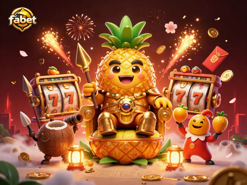 Experience thrilling jackpots at fabet with a golden pineapple king and vibrant casino backdrop.