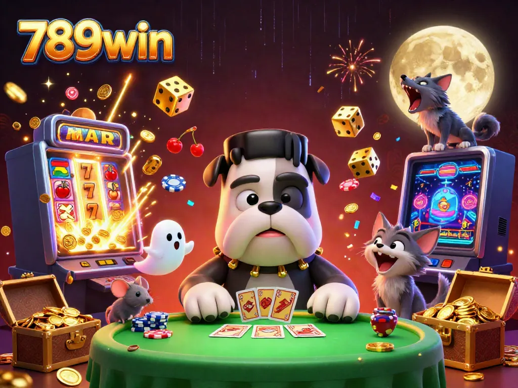 Engage in thrilling 789win gameplay with a vibrant scene of cartoon characters around a casino table.