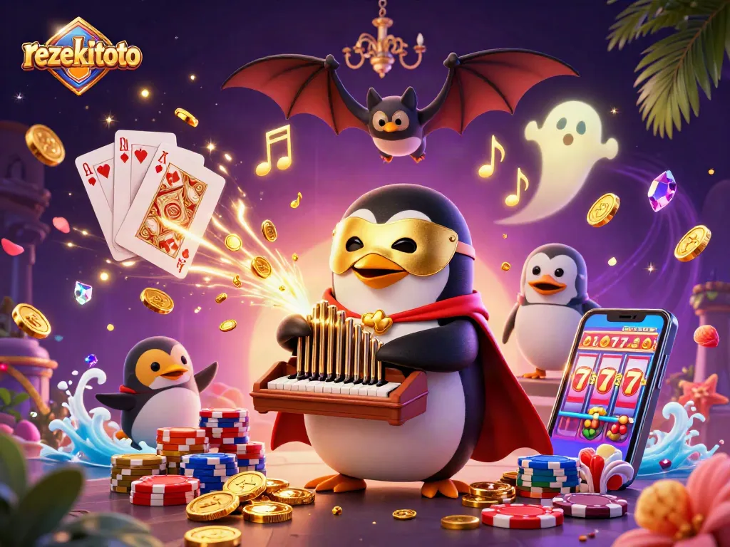 Win big at rezekitoto with this vibrant casino scene featuring a phantom penguin playing for golden coins.