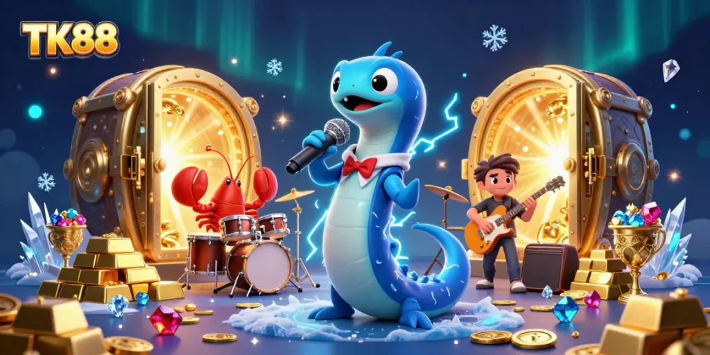 Experience the thrilling energy of TK88's underwater DJ casino scene with vibrant characters and dazzling treasures.