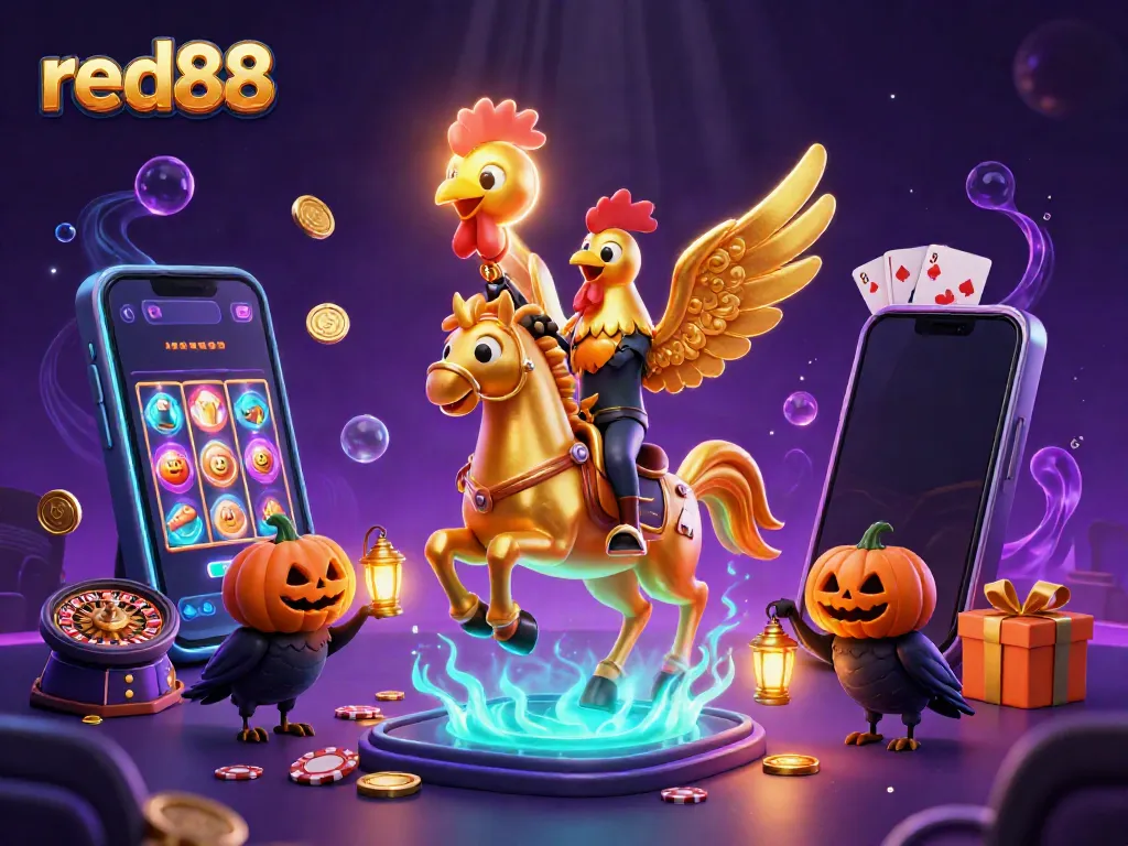 Experience red88's cinematic casino adventure with golden rooster and spectral horse in a magical setting.