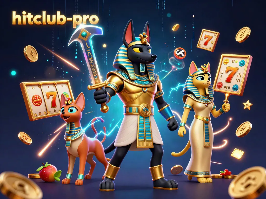 Hitclub-pro energetic casino scene showcasing Anubis and Bastet amidst dynamic slot elements.