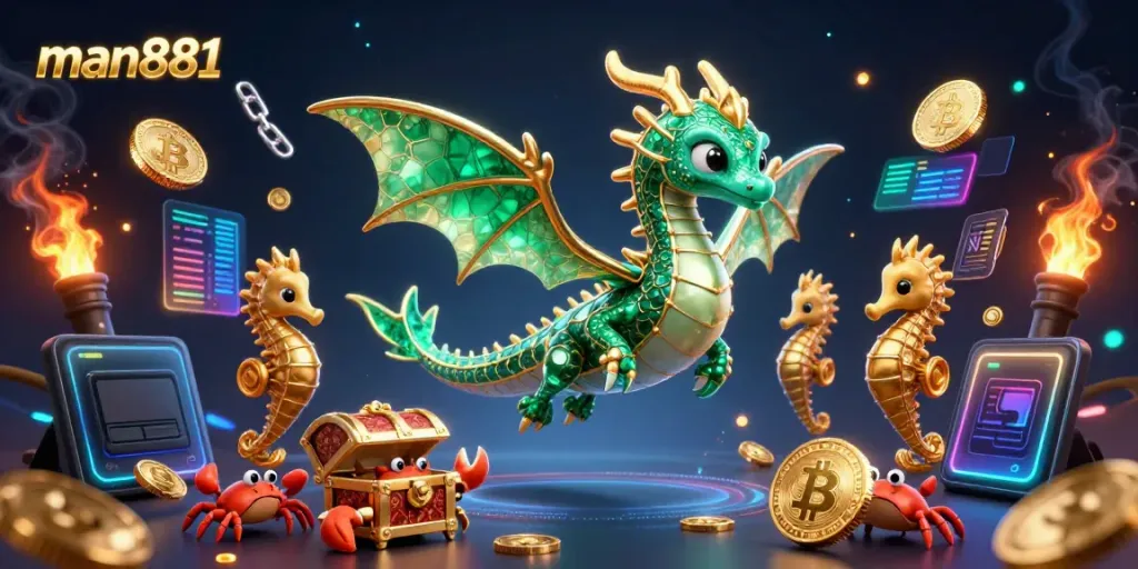 Engage with man881's vibrant sea dragon illustration among glowing crypto elements and casino symbols.