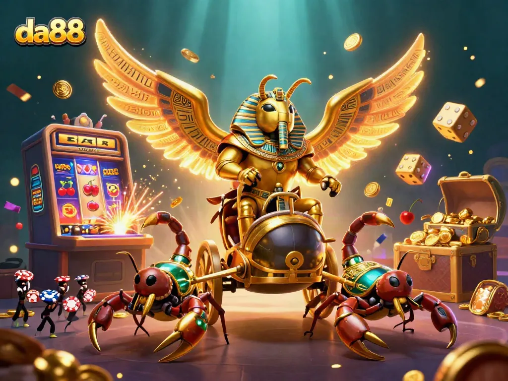 Engage with da88's immersive gaming experience featuring a golden scarab and casino elements.