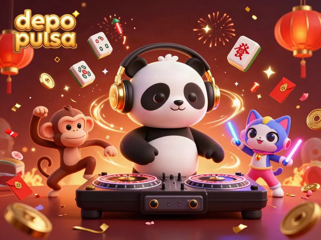 Engage in thrilling action at depo pulsa with a vibrant casino-themed celebration featuring a DJ panda and animated characters.