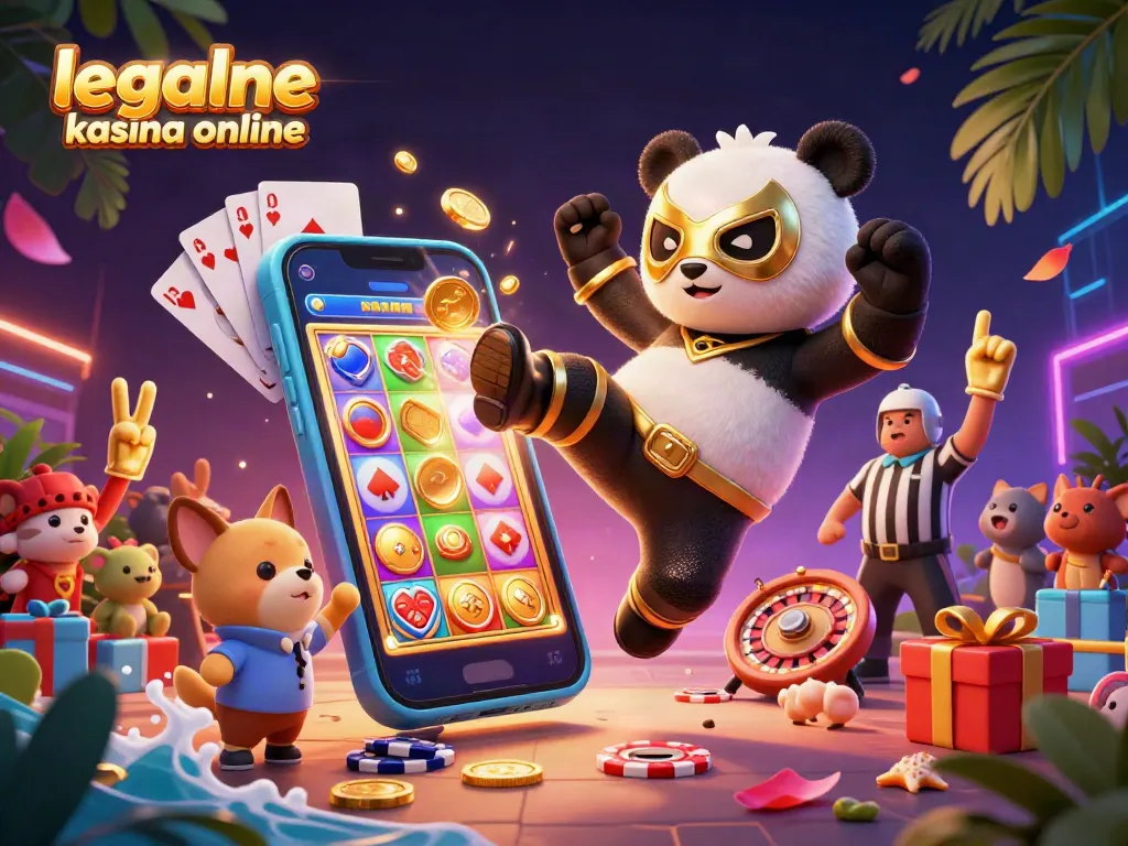 Experience the excitement of legalne kasyna online with a 3D panda wrestler in action surrounded by vibrant casino elements.