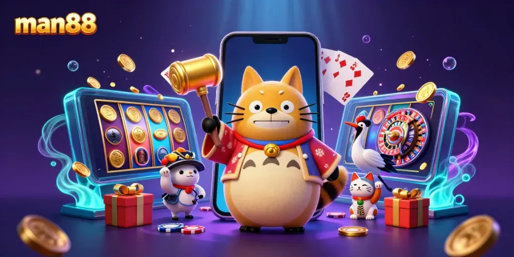 man88 promotes exciting gaming with a cheerful tanuki and colorful casino elements.